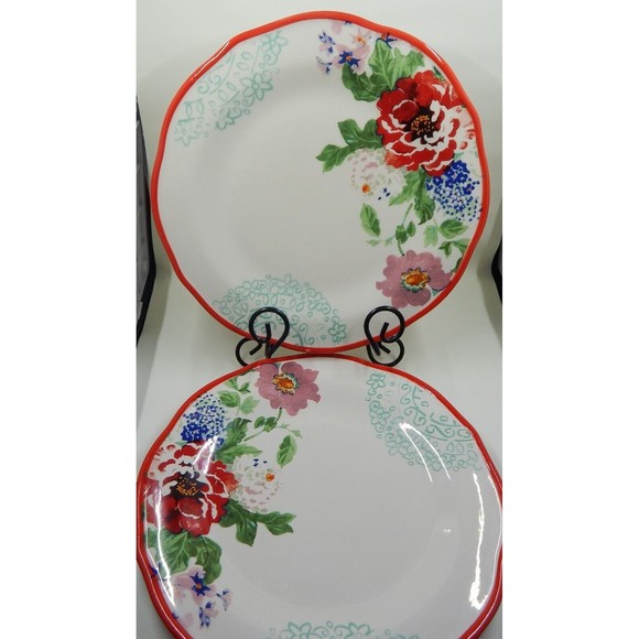 Pioneer Woman Country Garden Floral Dinner Plates Set of 2 Scalloped Red Trim - Picture 1 of 12